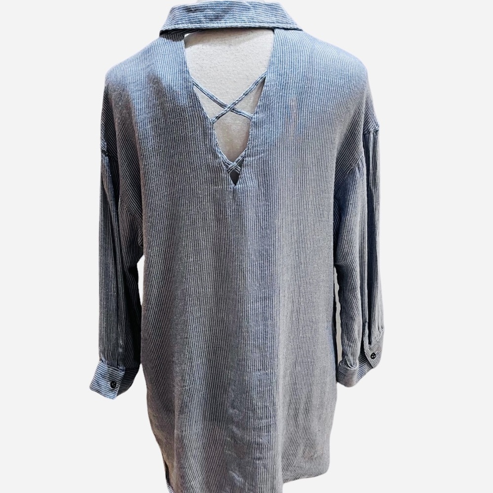William Rast Blue Chambray Ticking Striped Pullover Top 3/4 Sleeves Sz M - Picture 5 of 11